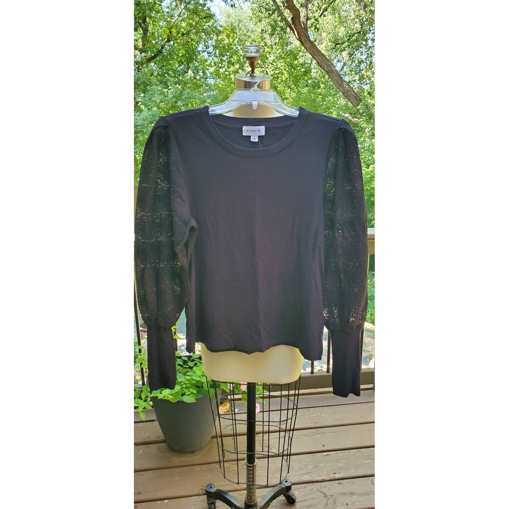 Evereve Black Lace Balloon Sleeve Crew Neck Top E23K2168 Womens Small